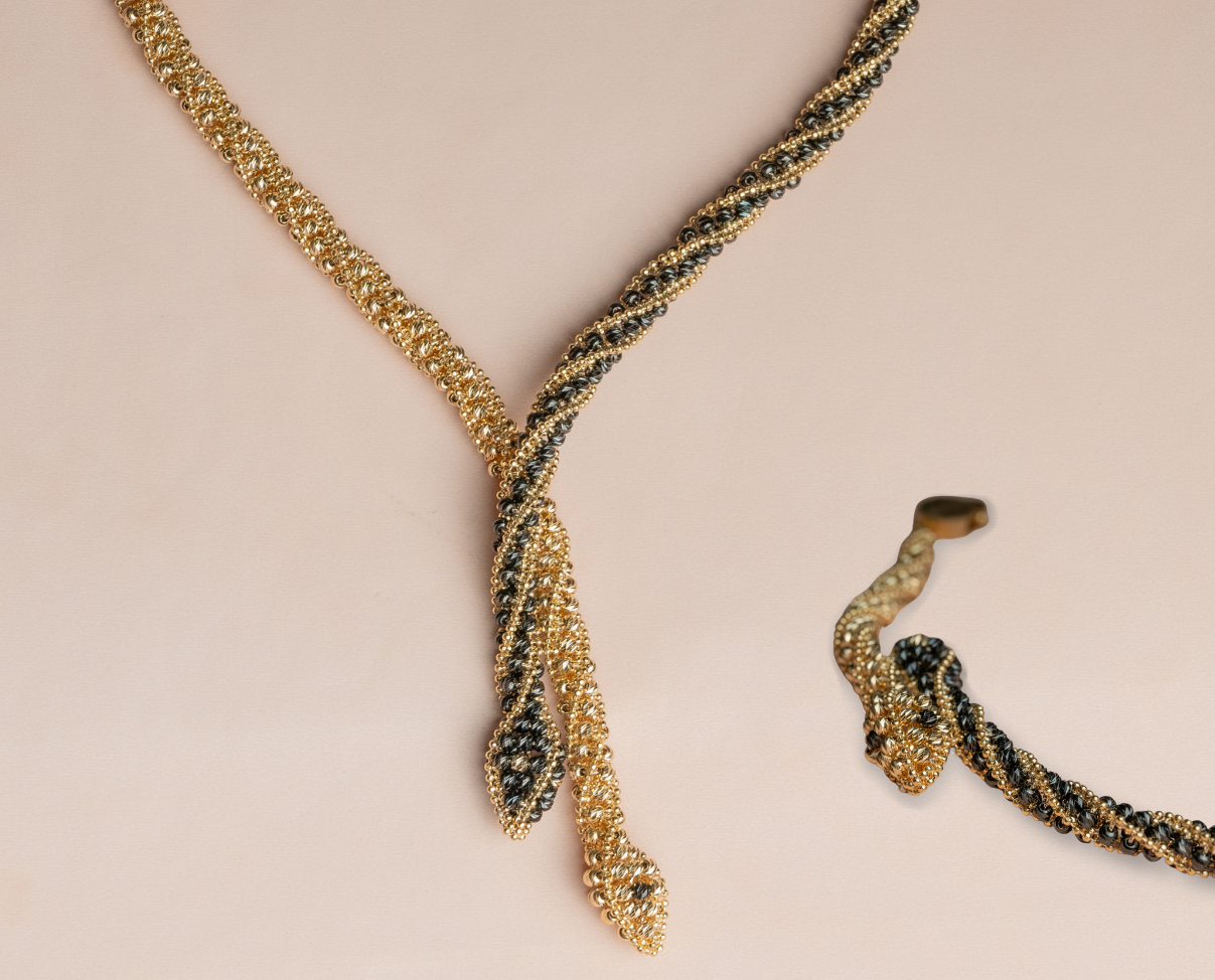 Juego gargantilla y esclava diseño serpiente oro amarillo 14K, Joyería diseño de víbora