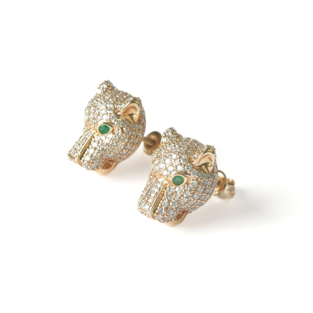 Aretes diseño pantera con esmeralda y diamantes