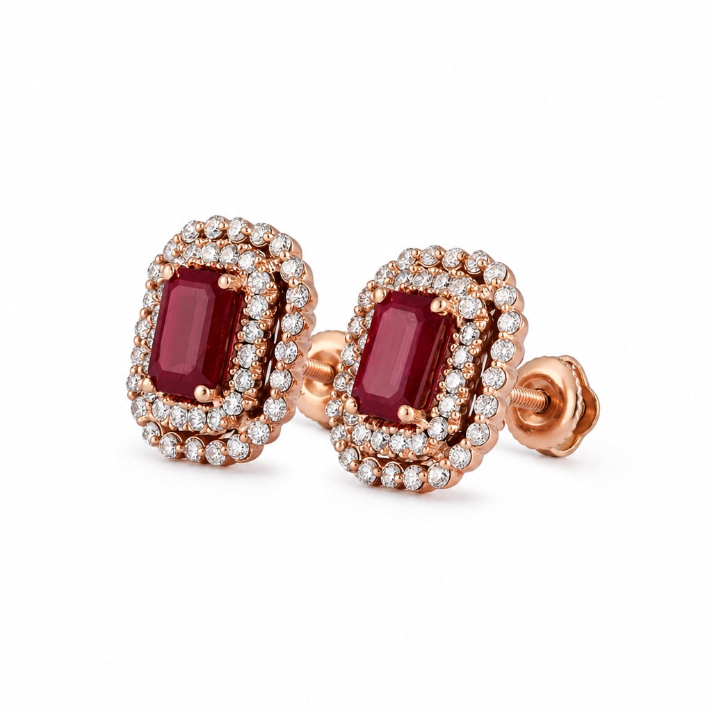 Aretes con rubí y doble halo de diamantes