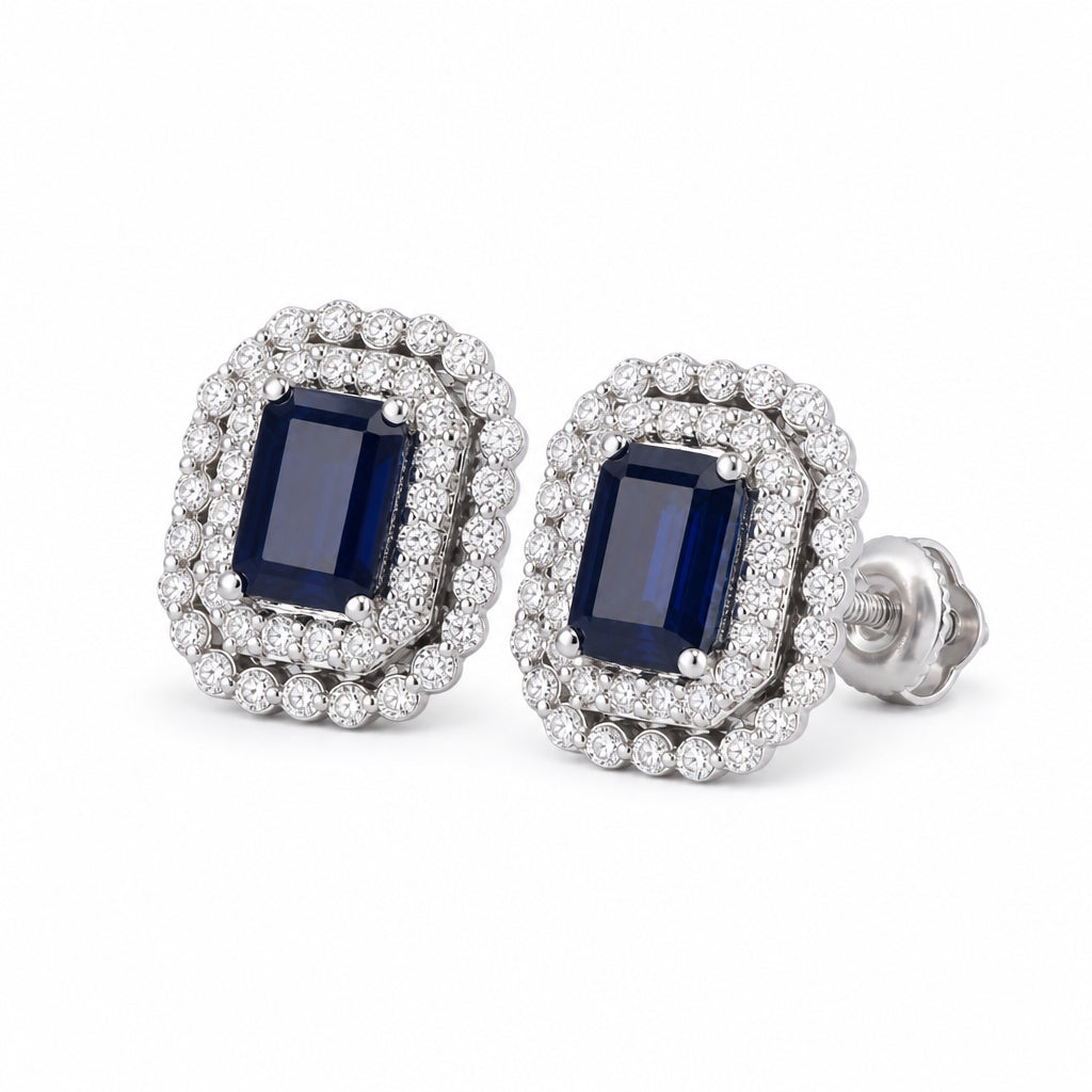 Aretes con zafiro y doble halo de diamantes