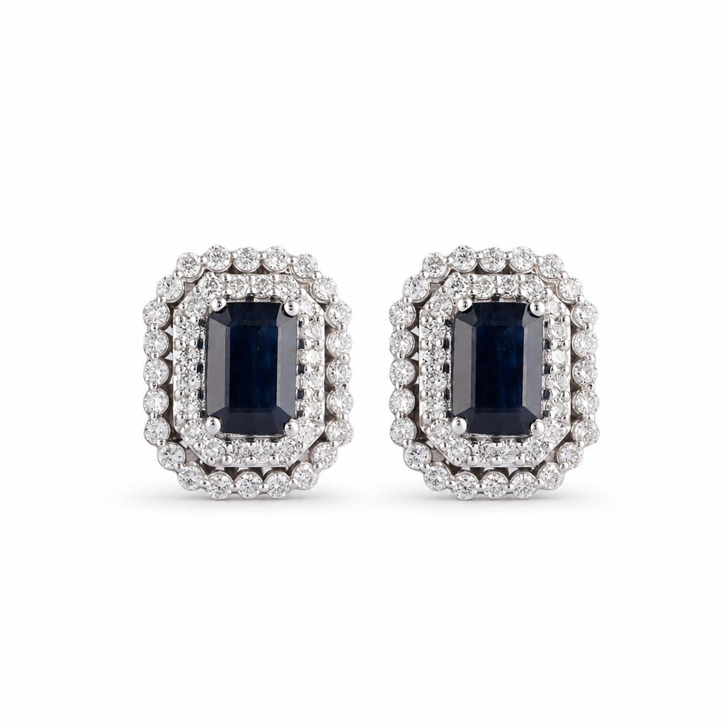 Aretes con zafiro y doble halo de diamantes