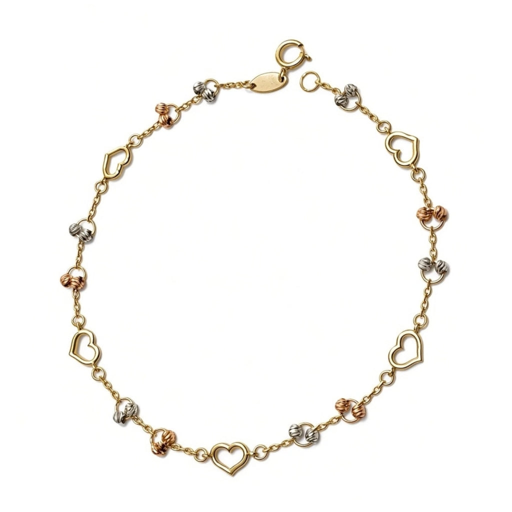 Pulsera oro 10k con siluetas de corazón y cuentas diamantadas