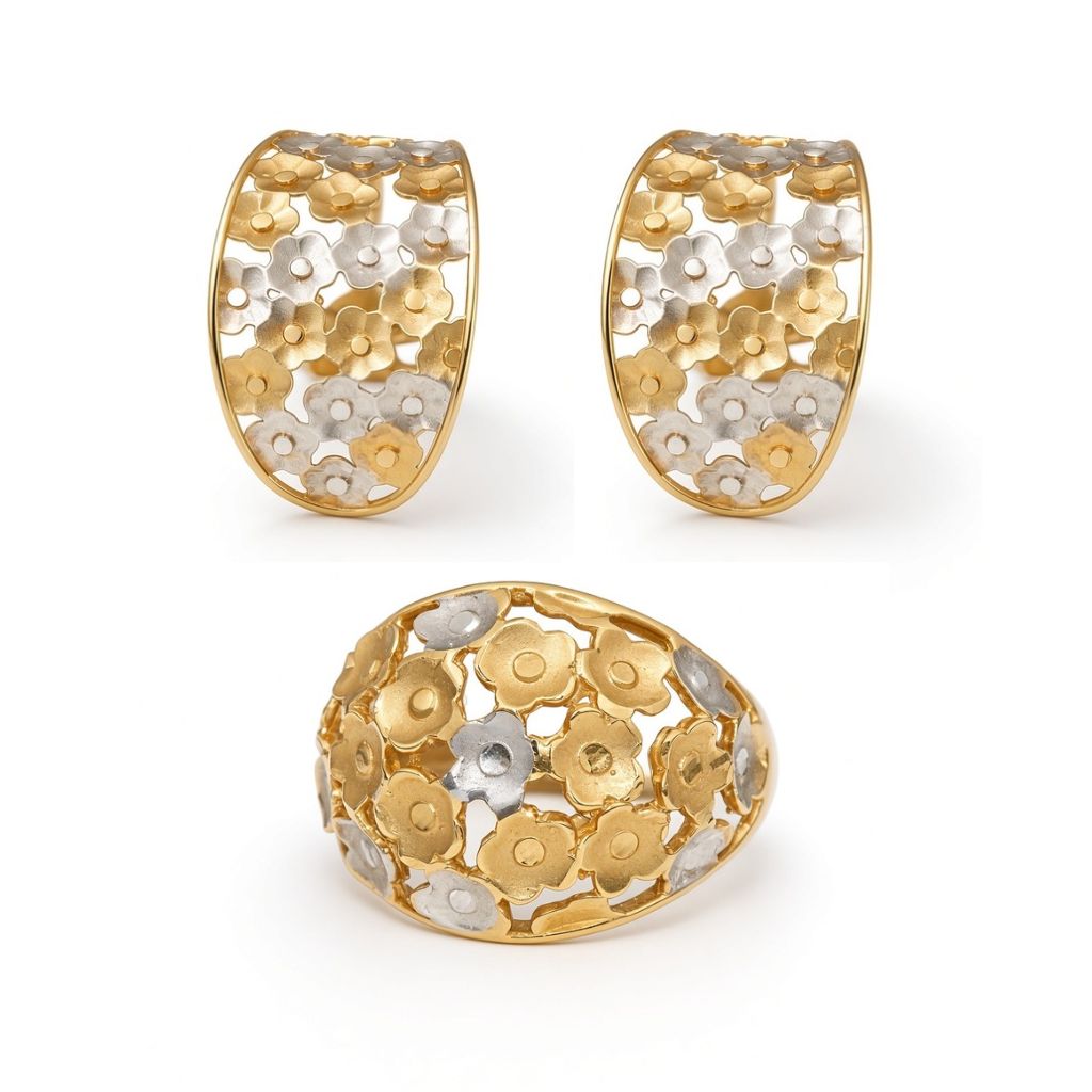 Juego de anillo y aretes de flores satinadas