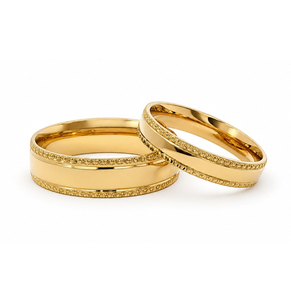 Par de argollas de matrimonio media caña con bisel labrado 6 mm y 4 mm oro amarillo 10k