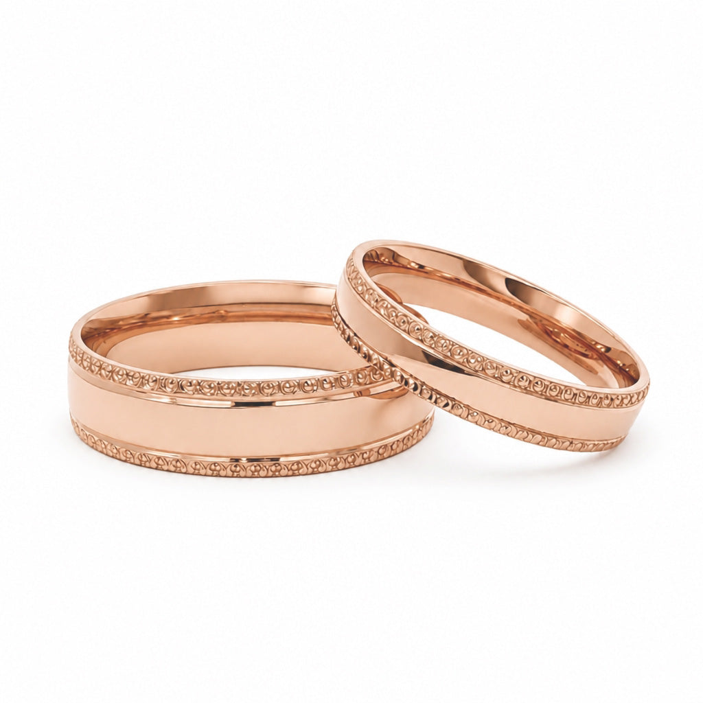 Par de argollas de matrimonio media caña con bisel labrado 6 mm y 4 mm oro rosa 10k
