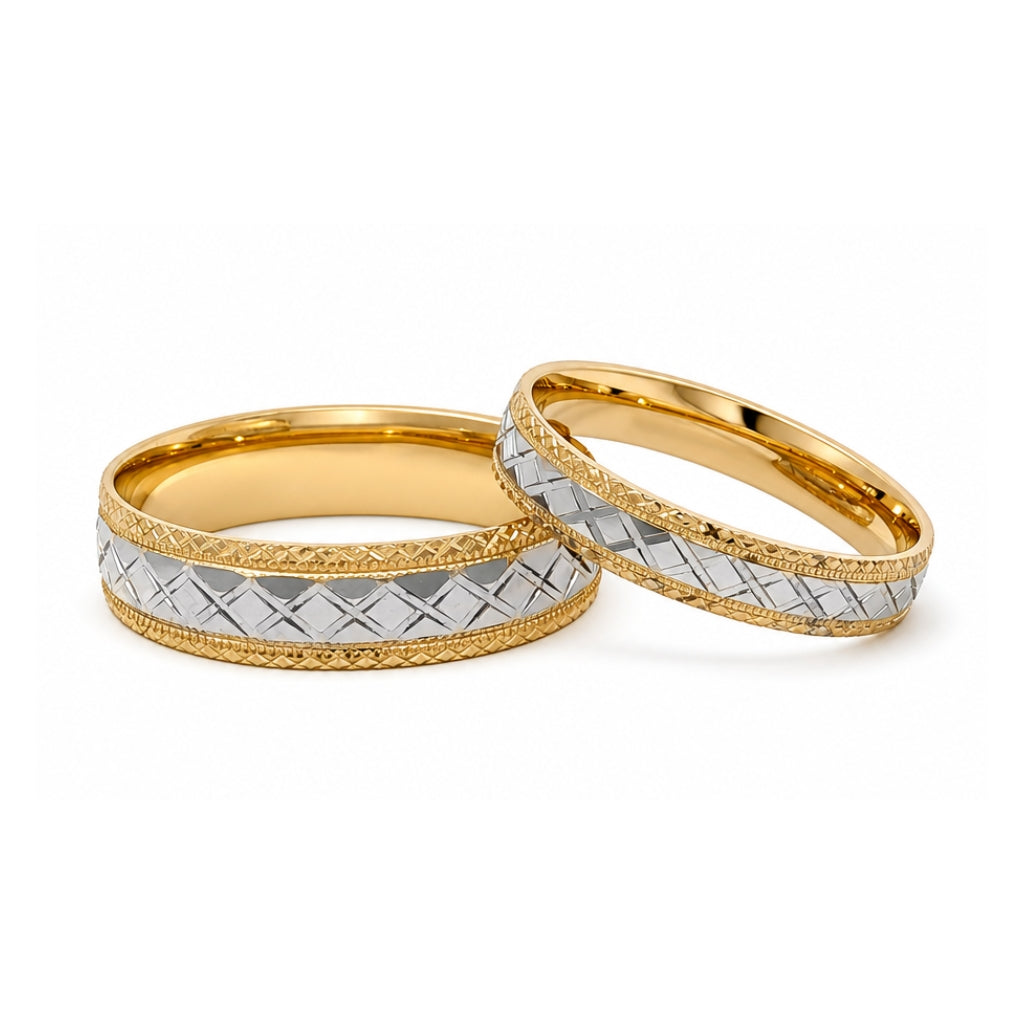 Par de argollas de matrimonio con patrón diamantado de rombos 6 mm y 4 mm oro combinado 10k