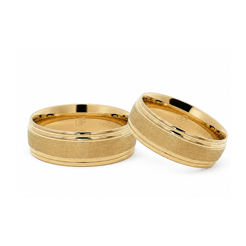 Par de argollas de matrimonio oro amarillo 10k media caña cepillada al centro  6 mm 