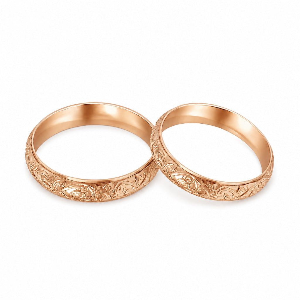 Par de argollas de matrimonio oro rosa 10k diseño azahares 4 mm