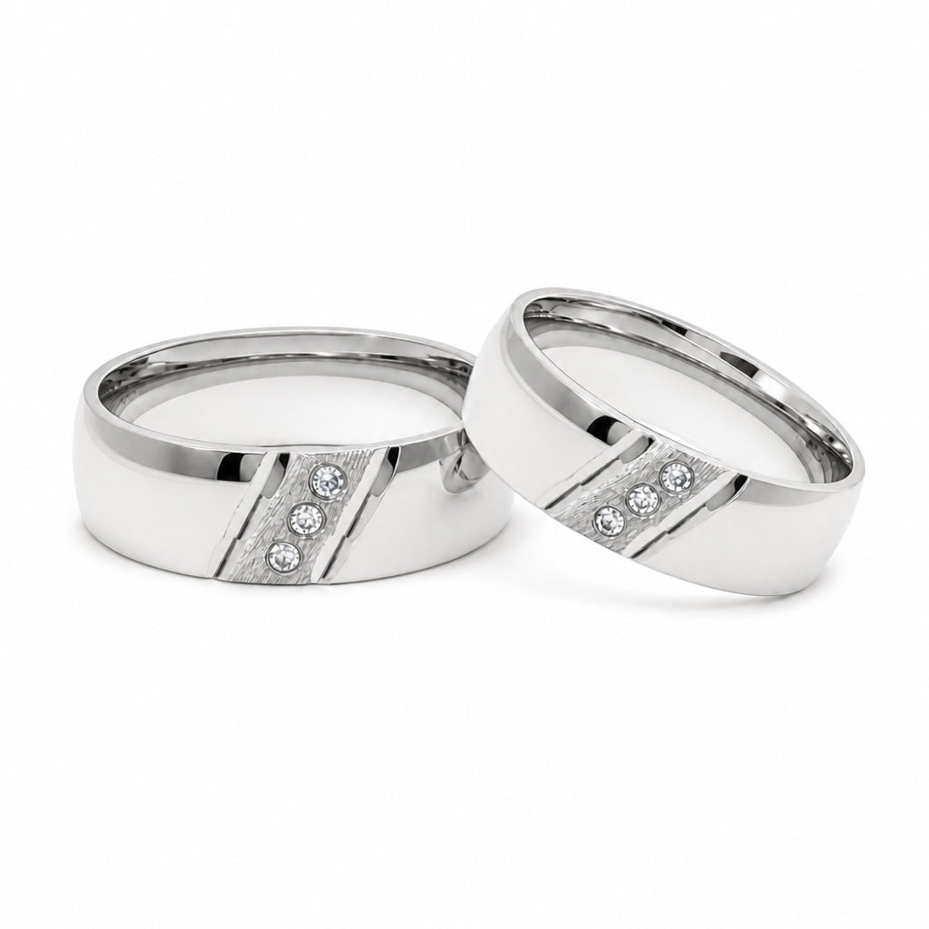 Par de argollas de matrimonio oro blanco con trío de circonias 6 mm