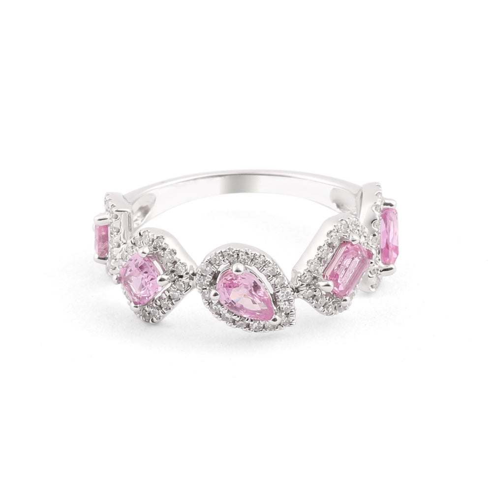 Anillo churumbela con zafiros rosas y halo de diamantes en oro blanco