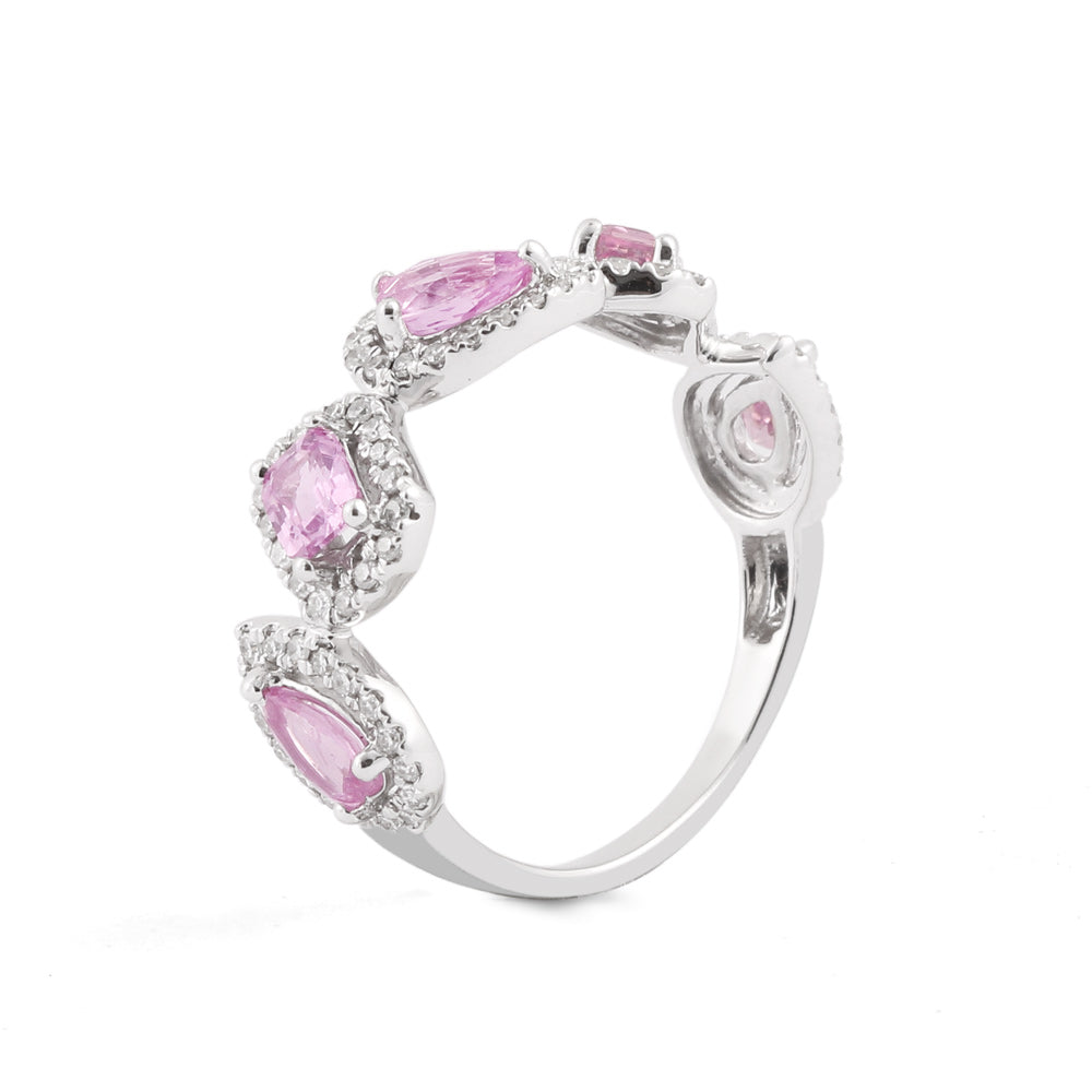 Anillo churumbela con zafiros rosas y halo de diamantes en oro blanco