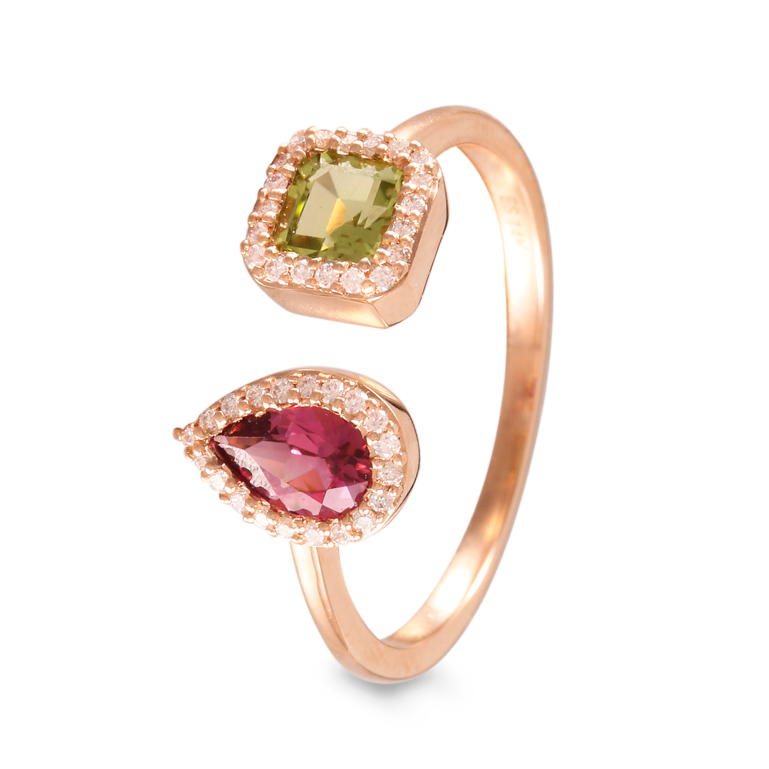 Anillo con turmalina y peridoto con halo de diamantes