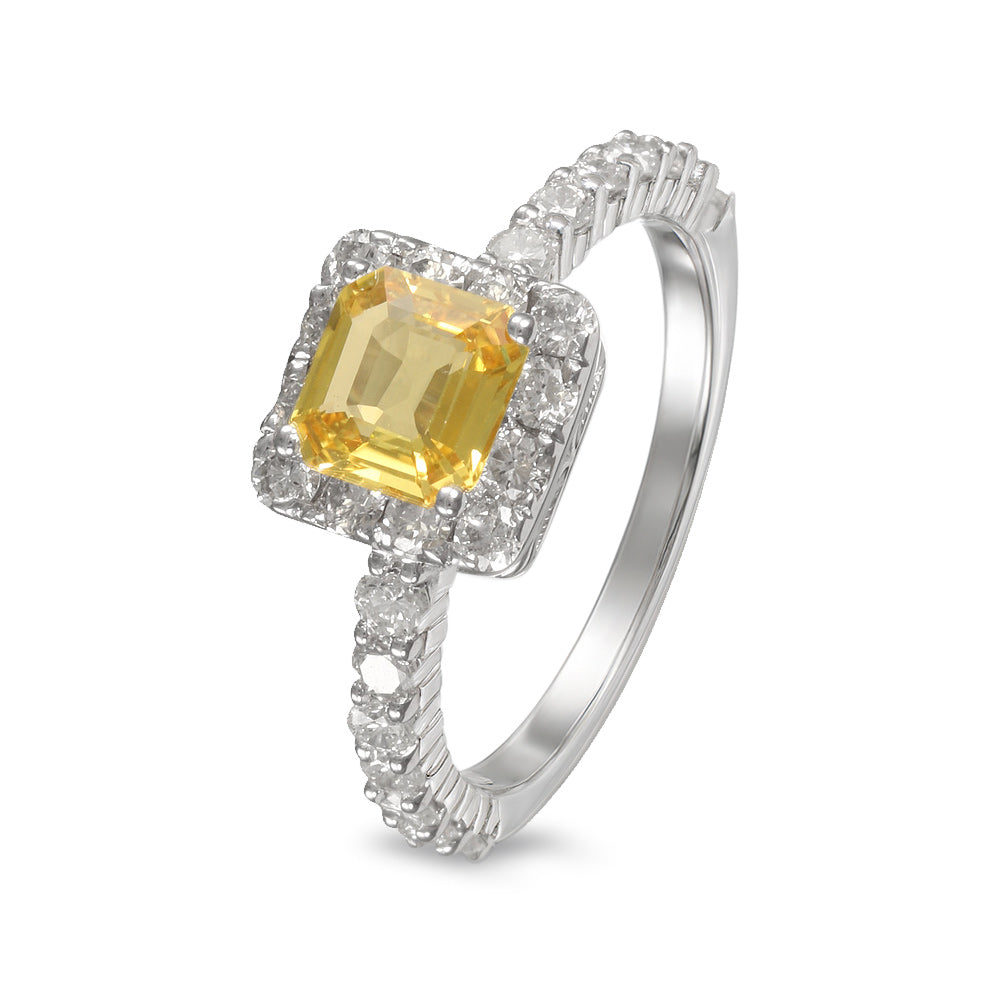 Anillo con zafiro amarillo y halo de diamantes