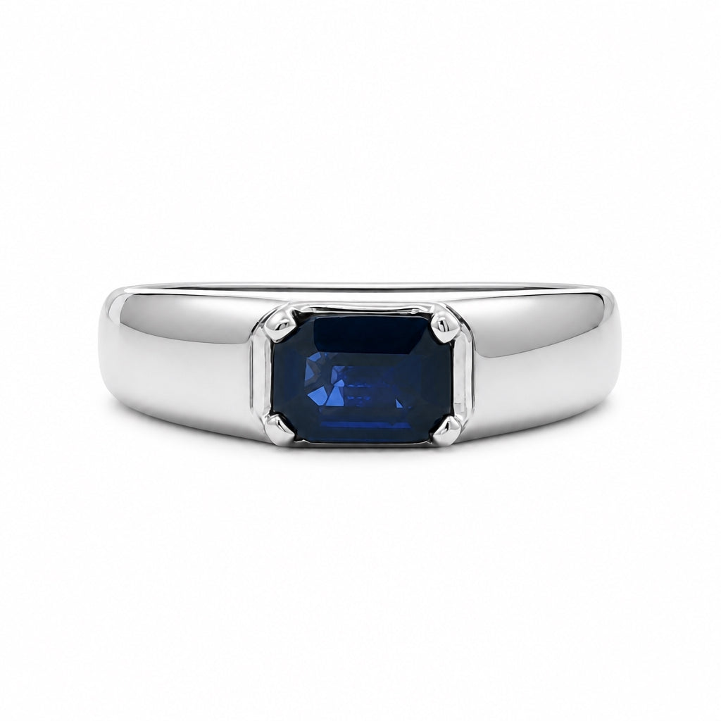 Anillo con diseño rectangular con zafiro en oro blanco 14k