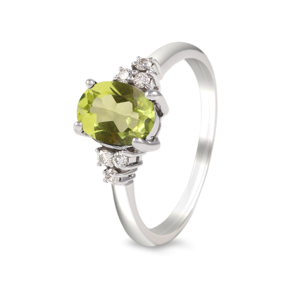 Anillo con peridoto y diamantes laterales en oro blanco