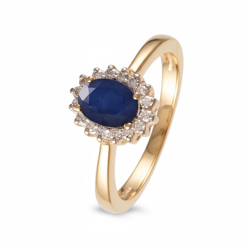 Anillo con zafiro y halo de diamantes
