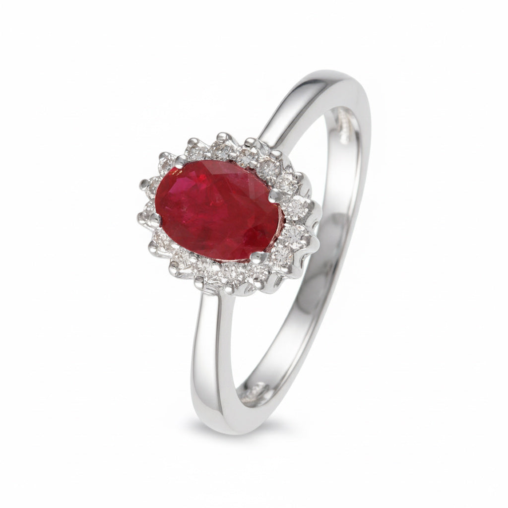 Anillo con rubí y halo de diamantes