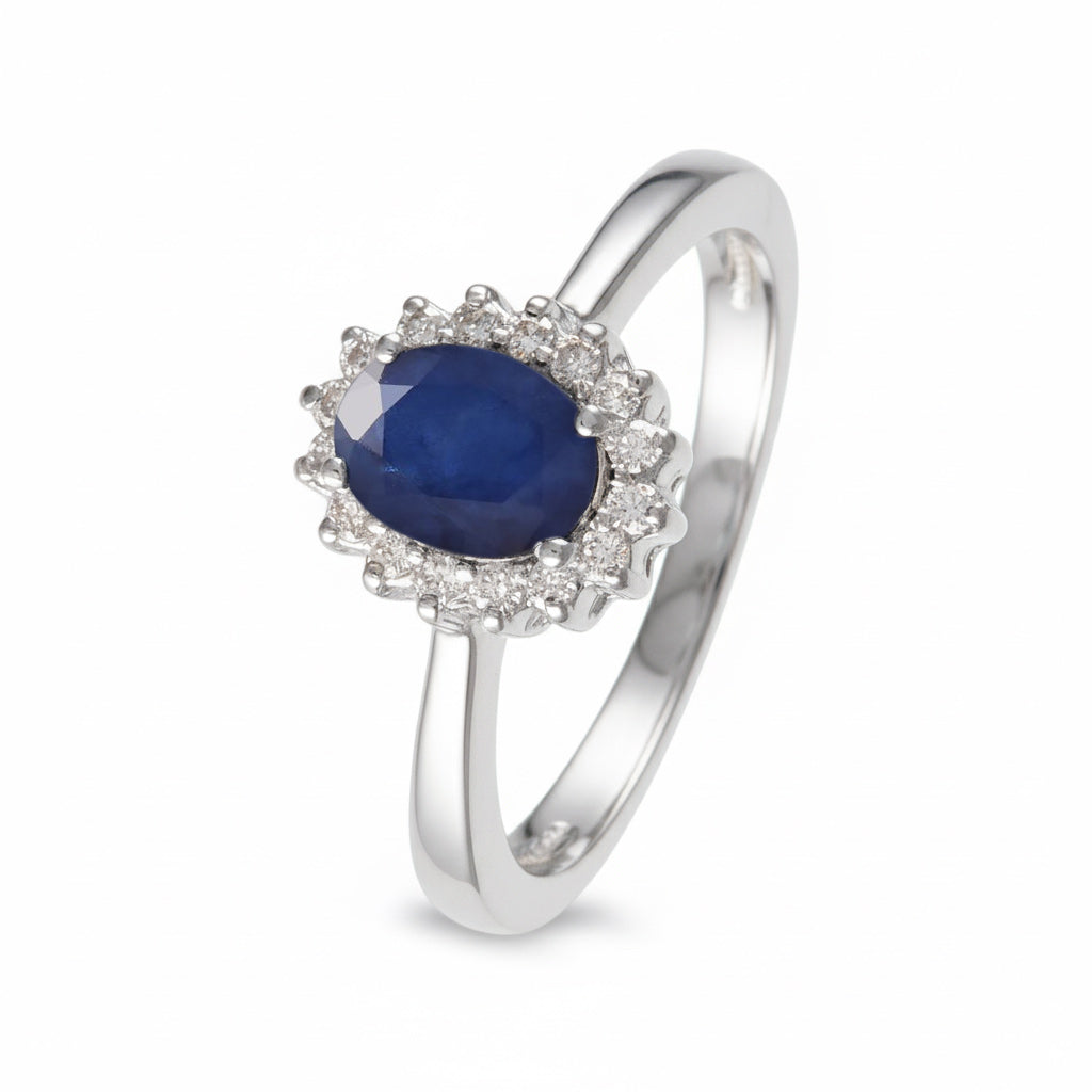 Anillo con zafiro y halo de diamantes