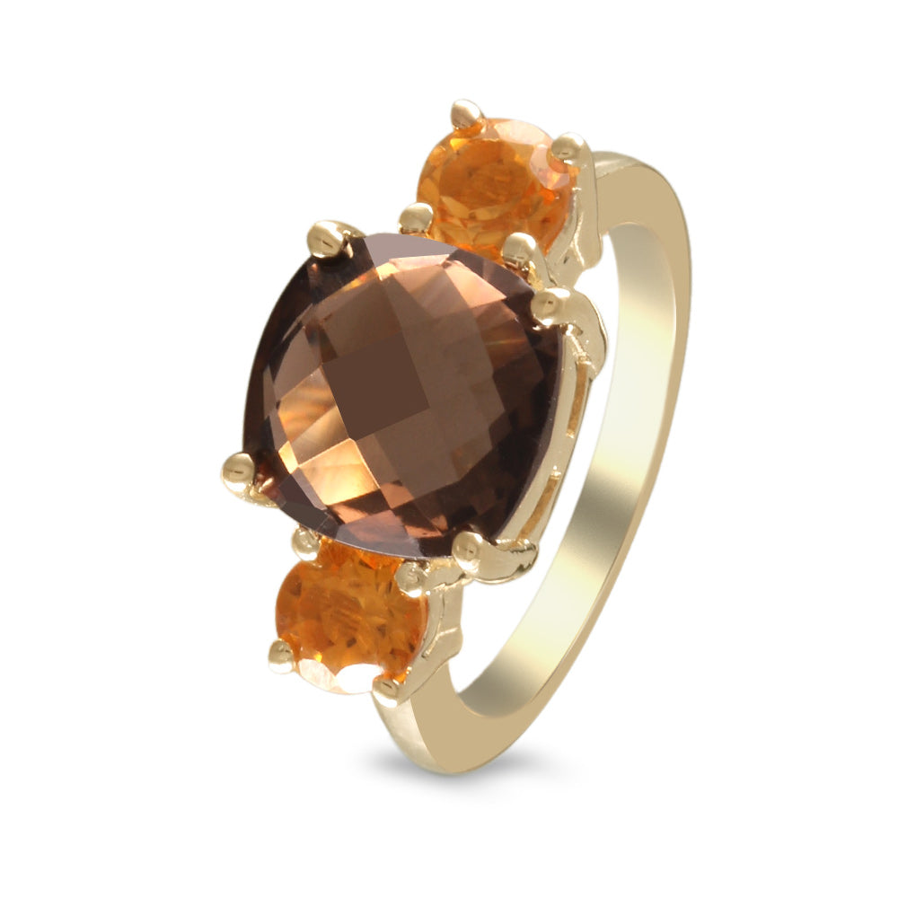 Anillo con topacio café y citrinas laterales