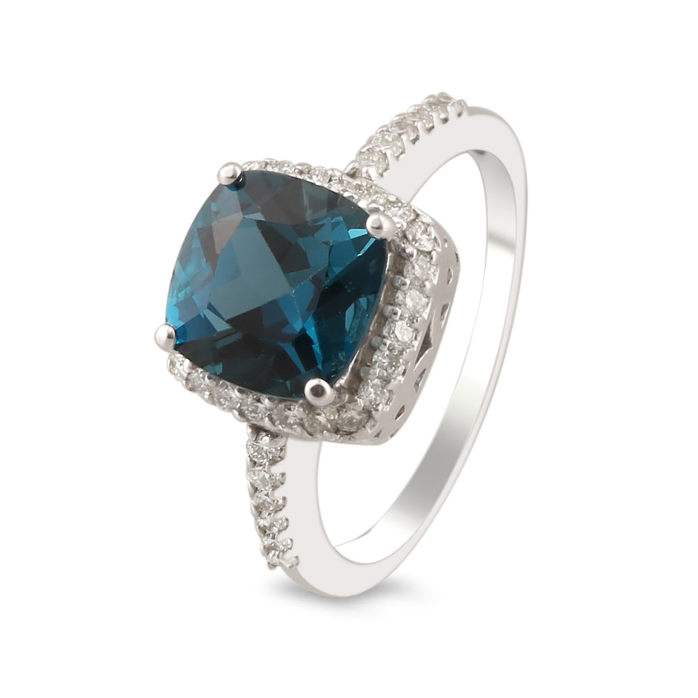 Anillo de oro blanco y topacio con diamantes