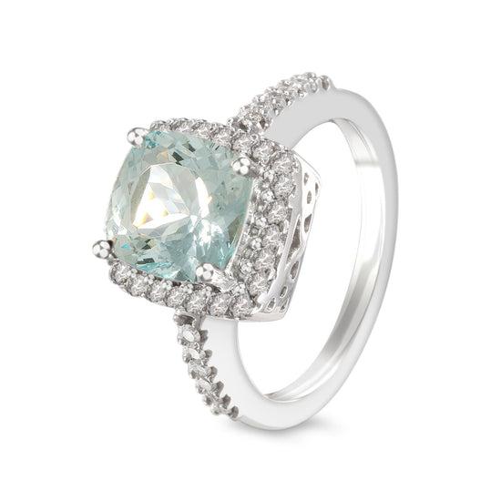 Anillo de aguamarina con halo y diamantes laterales