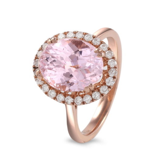 anillo oro con kunzita y halo de diamantes