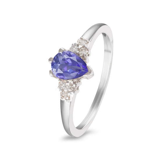 Anillo con tanzanita corte pera y diamantes laterales en oro blanco