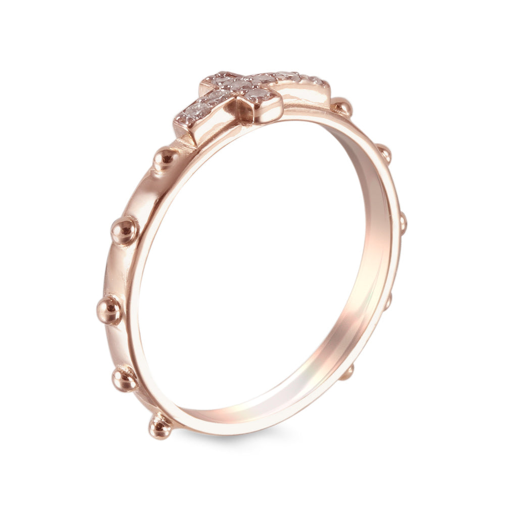 Anillo de mujer estilo decenario de Rosario con diamante en oro rosa de 14K