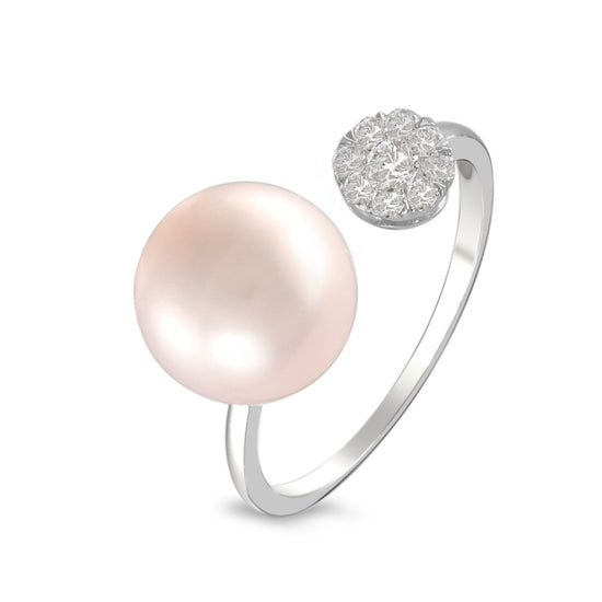 anillo abierto con perla y diamantes oro blanco