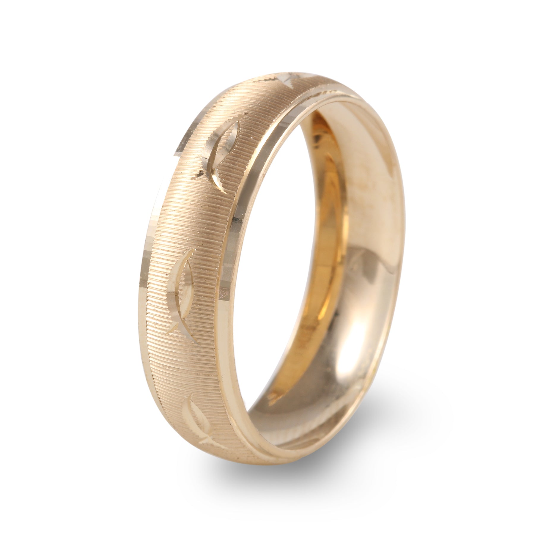 Argolla de matrimonio oro amarillo con diseño texturizado de peces