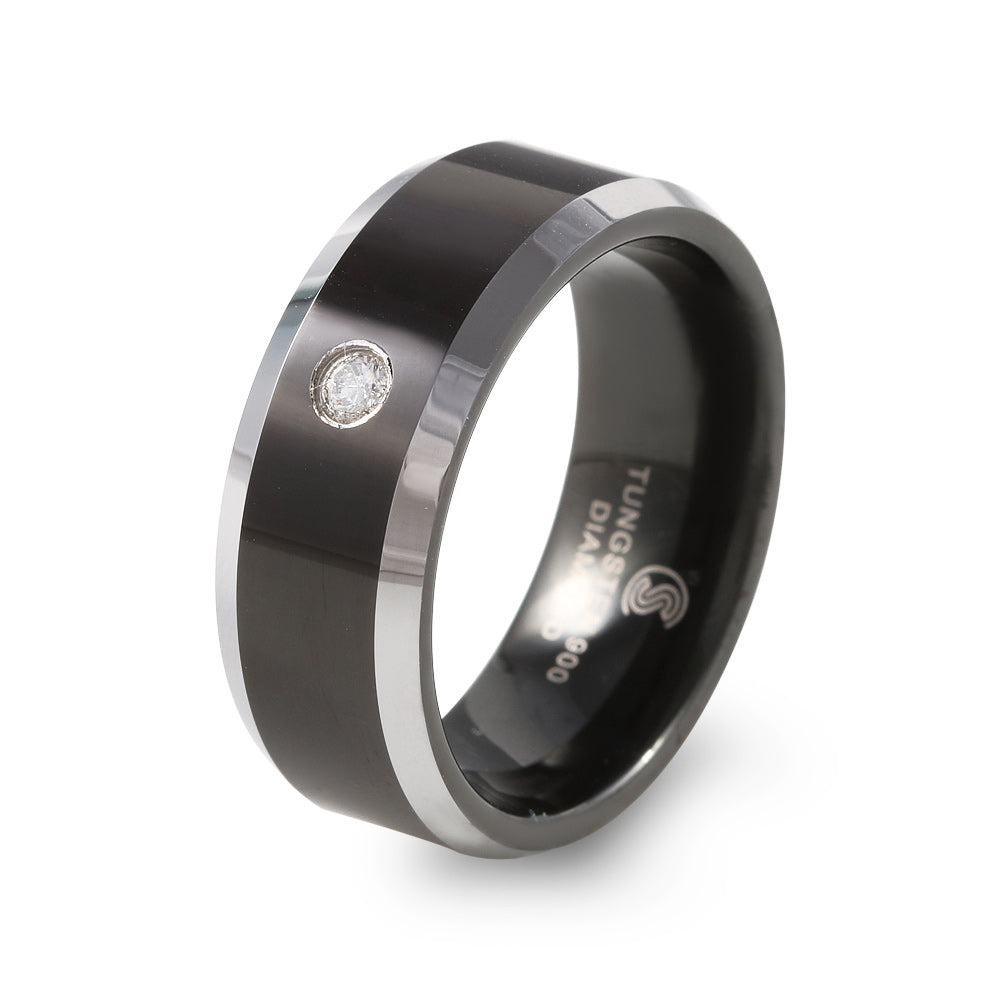 Argolla de Matrimonio de Tungsteno Negro con 8 puntos de diamante 6 mm. Argolla de Tungsteno Negro. Argollas Negras.