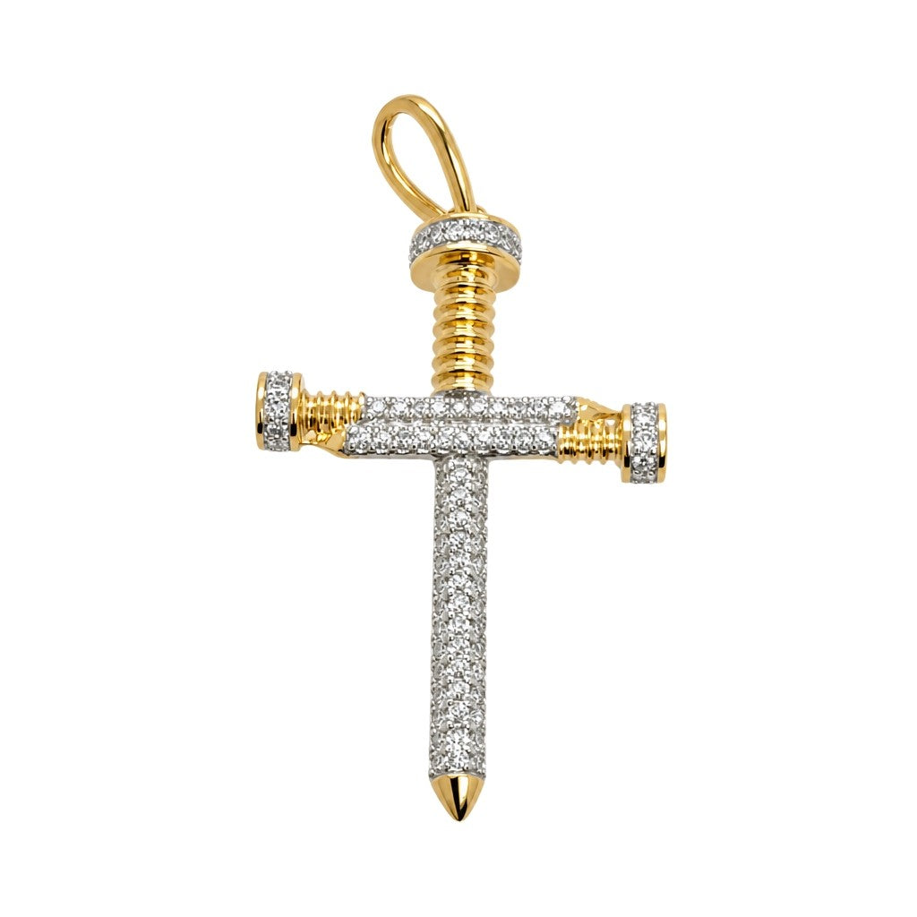 Cruz diseño de clavo en oro amarillo con diamantes