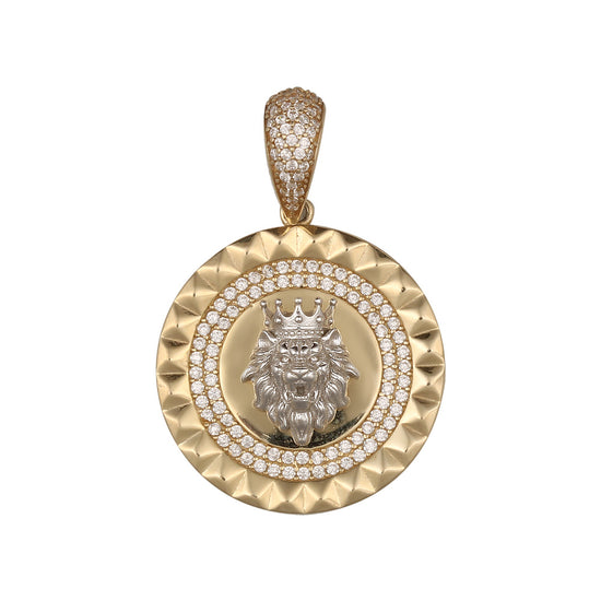 Dije diseño león con corona con circonia en oro combinado