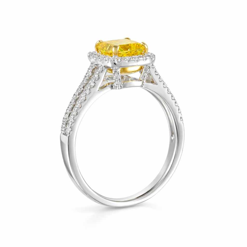 Anillo con diamante fancy yellow lab grown y halo de diamantes