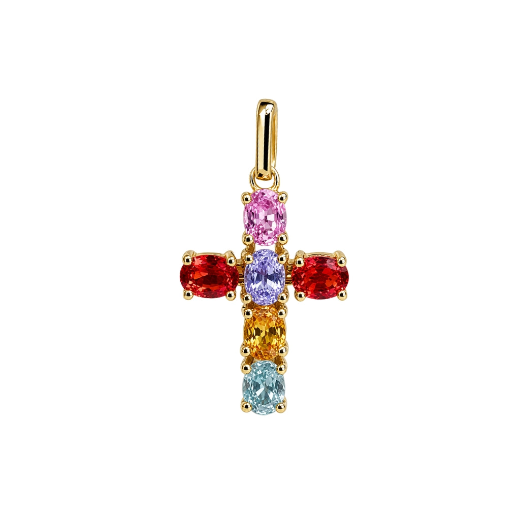 Dije de Cruz oro amarillo con zafiro multicolor 