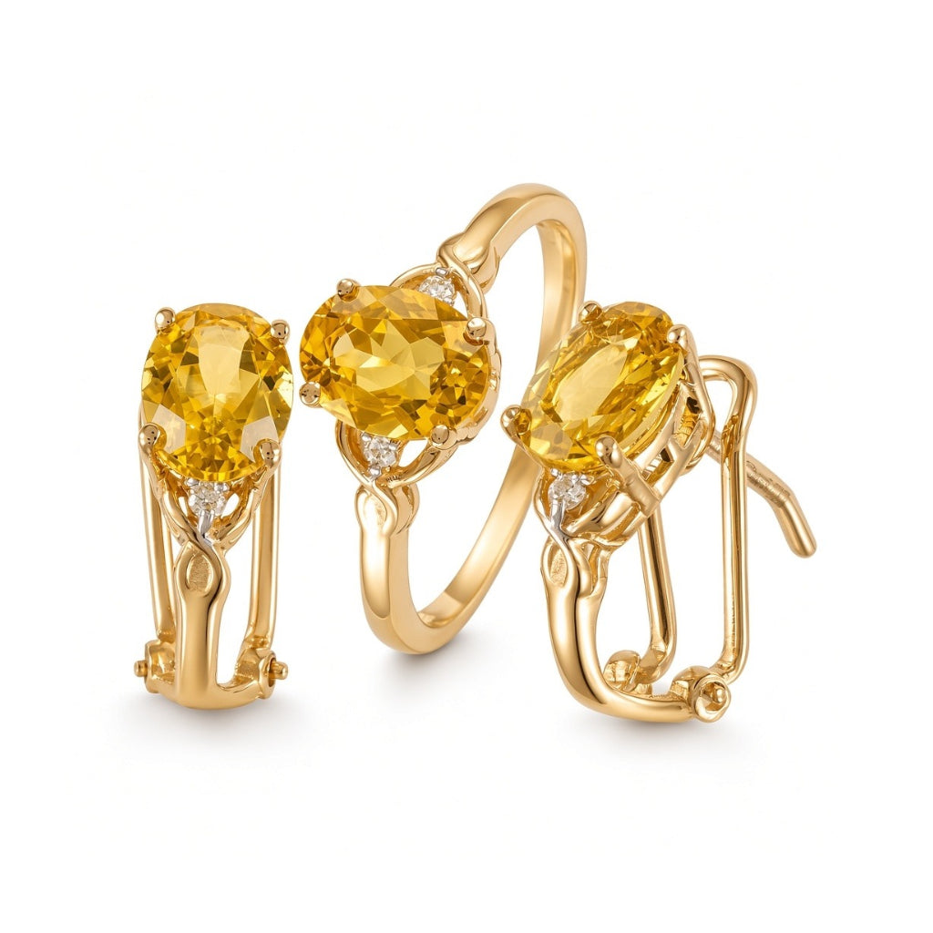 Juego de anillo y aretes con citrina