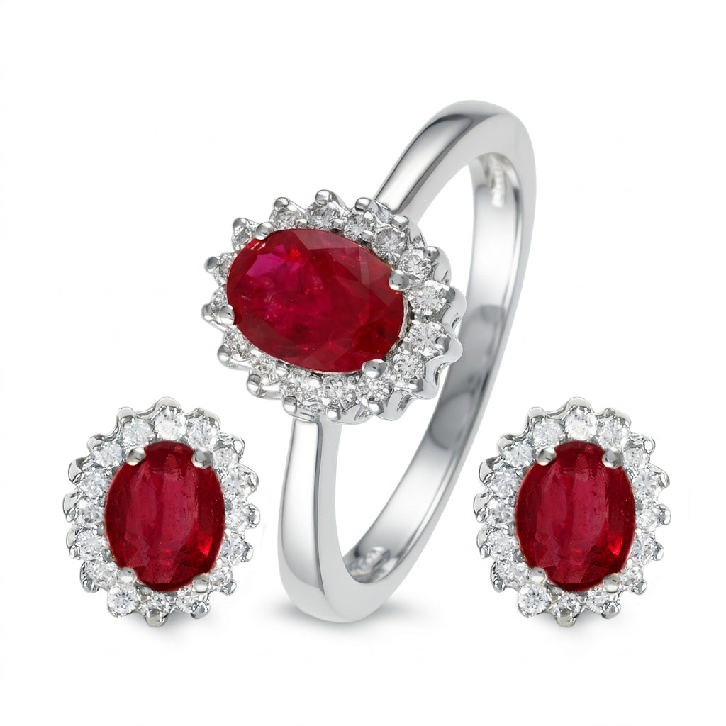 Juego anillo de aretes en oro blanco con rubi y diamantes