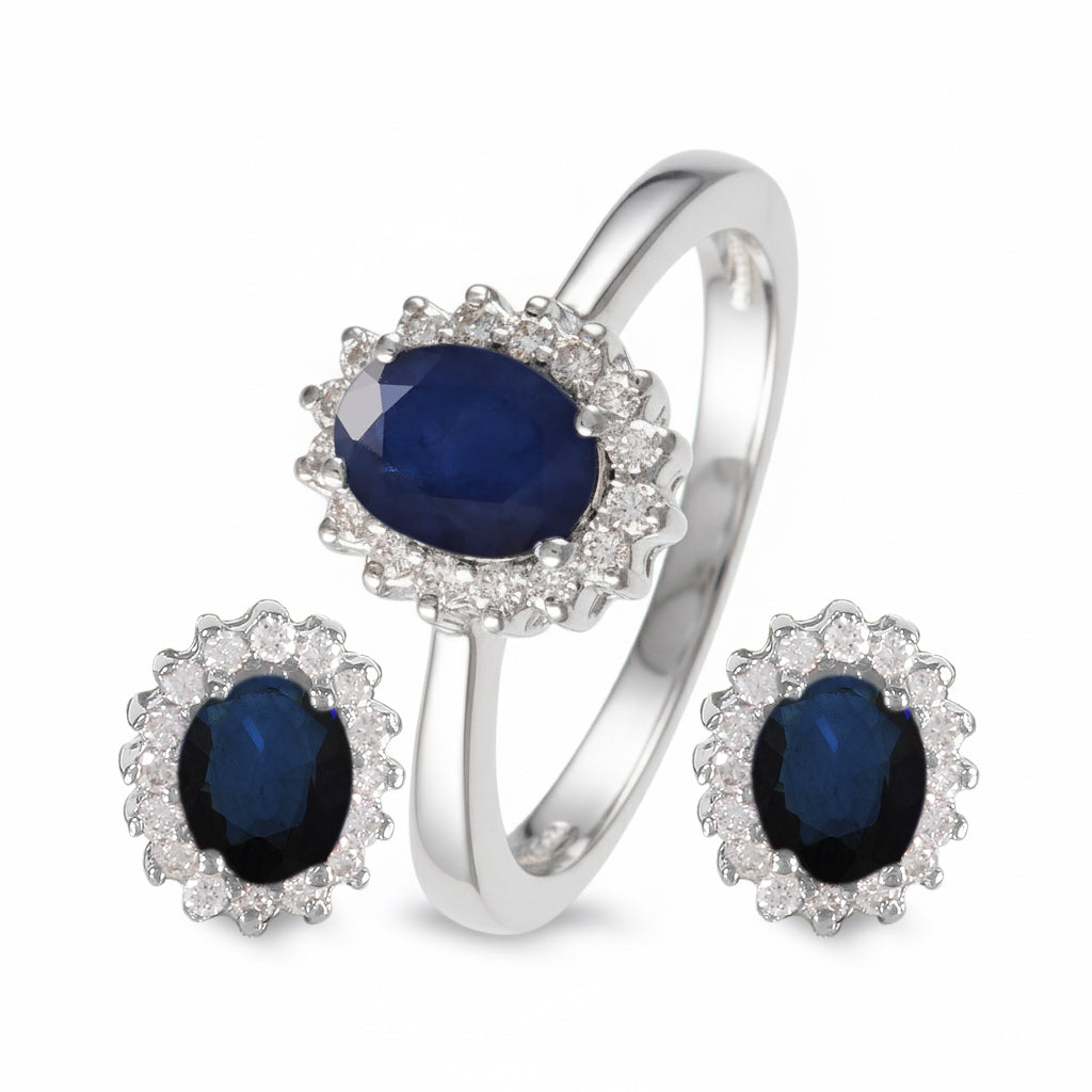 Juego de anillo y aretes con zafiro y diamantes