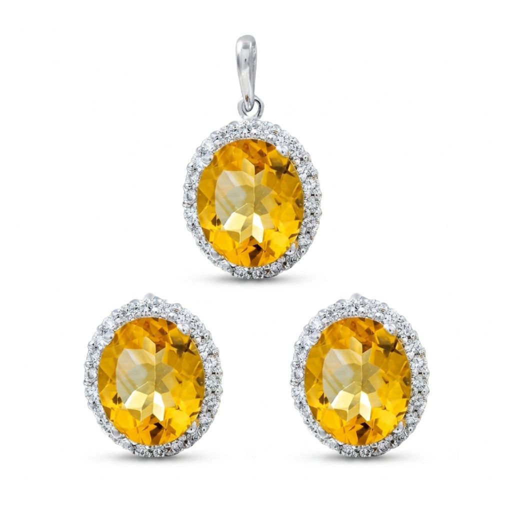 Juego de dije y aretes con citrina en oro blanco