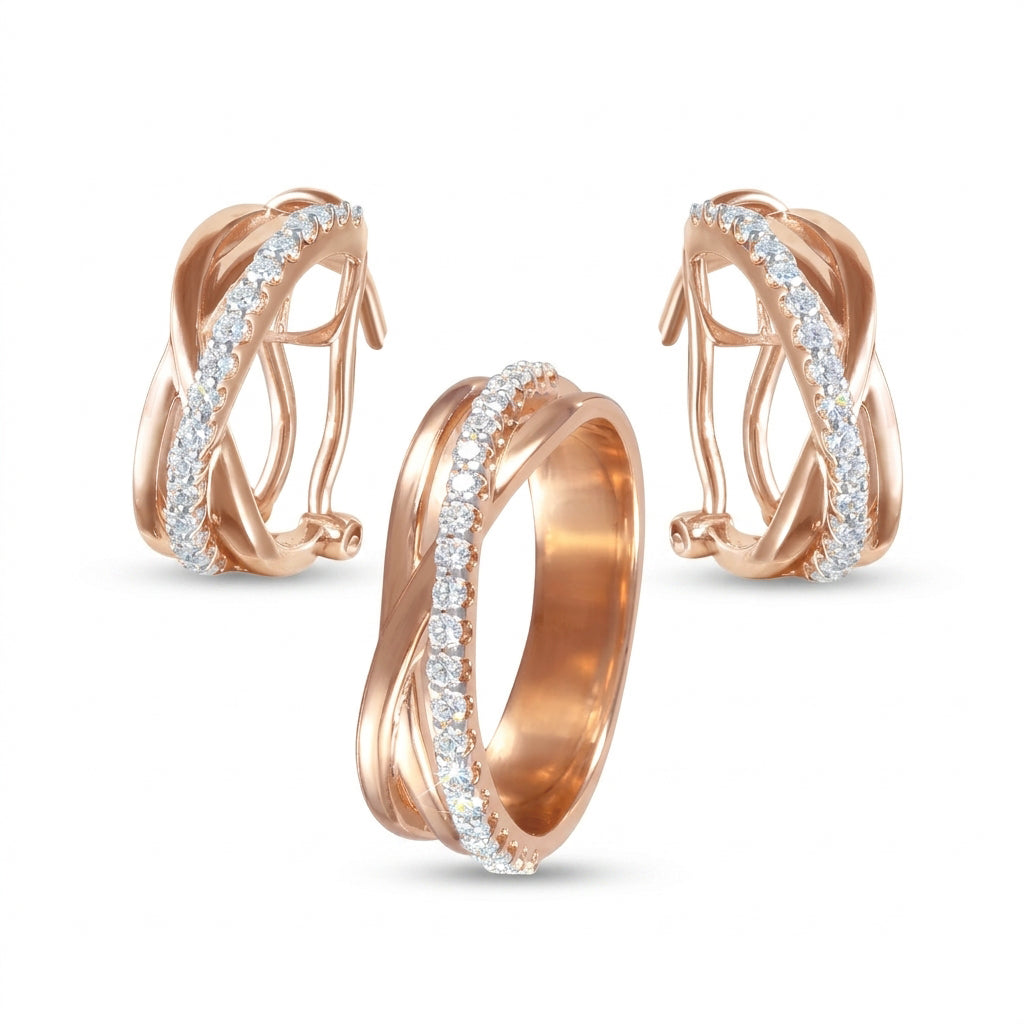 Juego de anillo y aretes con diamantes