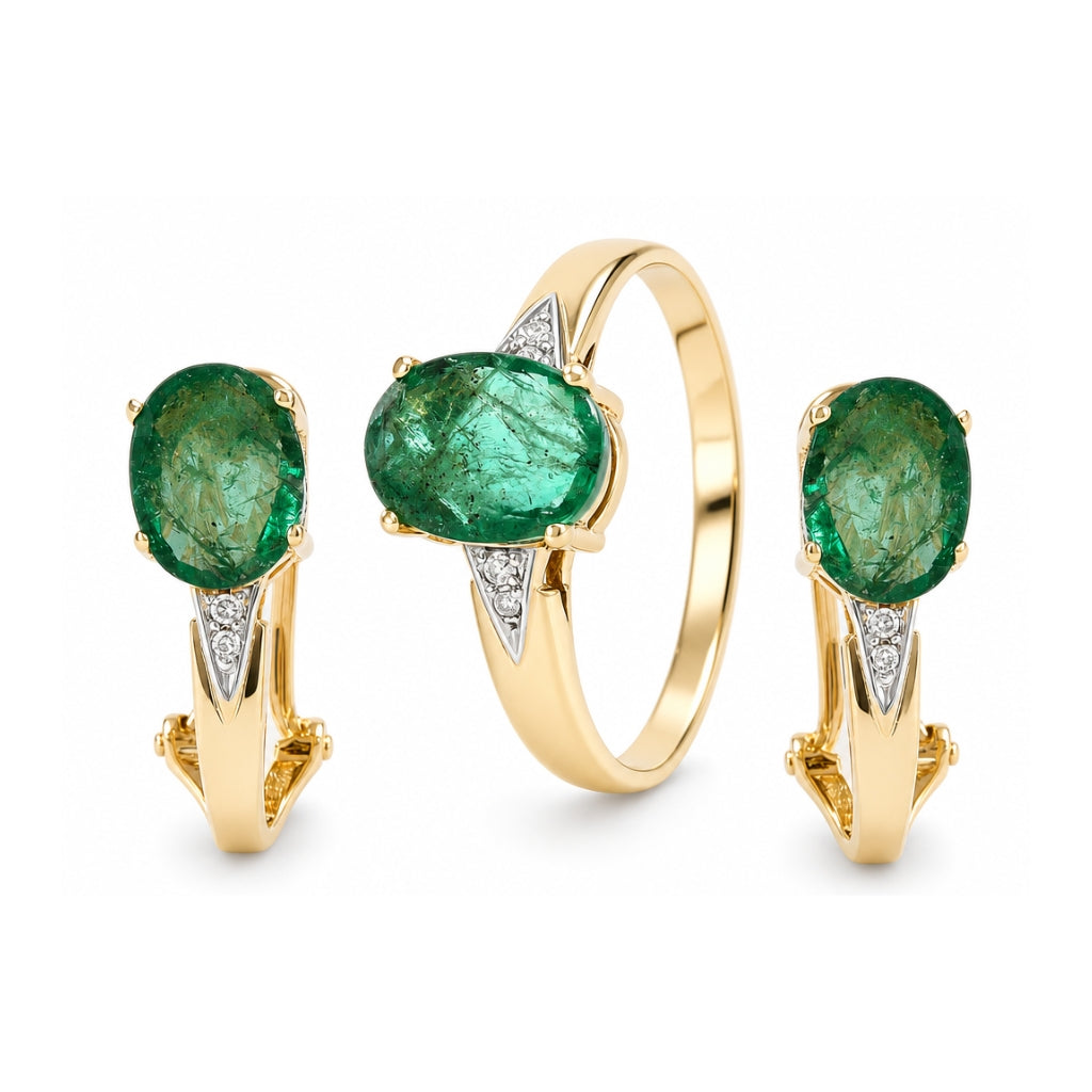 Juego de anillo y aretes con esmeralda y diamantes