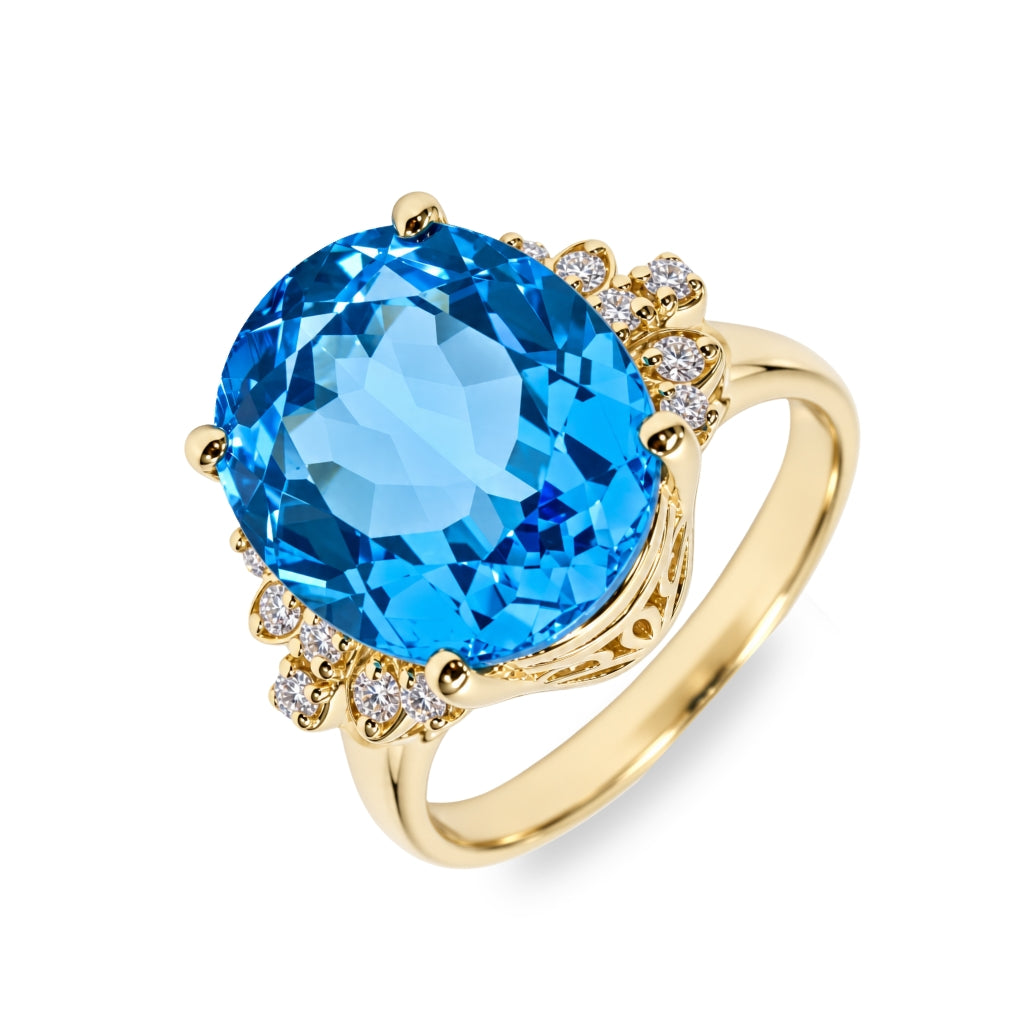 Anillo con topacio azul y diamantes laterales