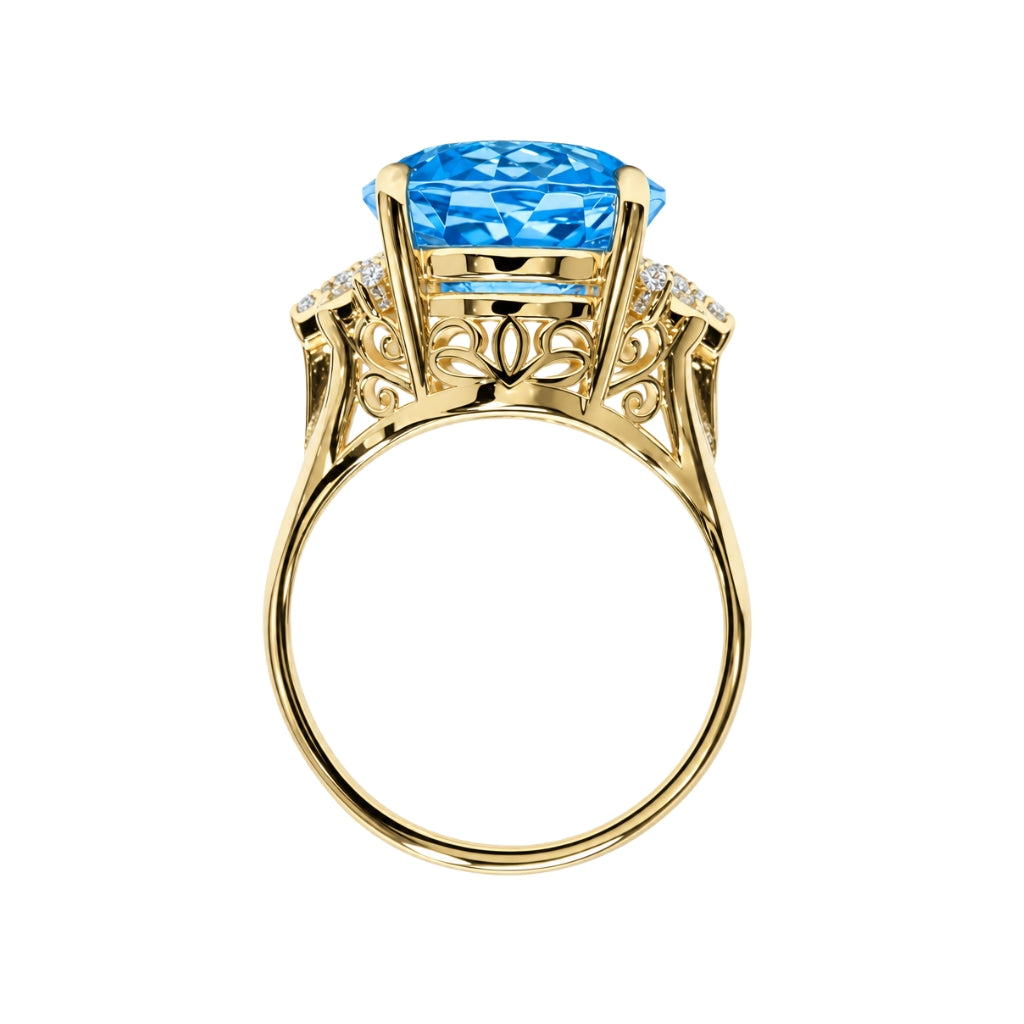 Anillo con topacio azul y diamantes laterales