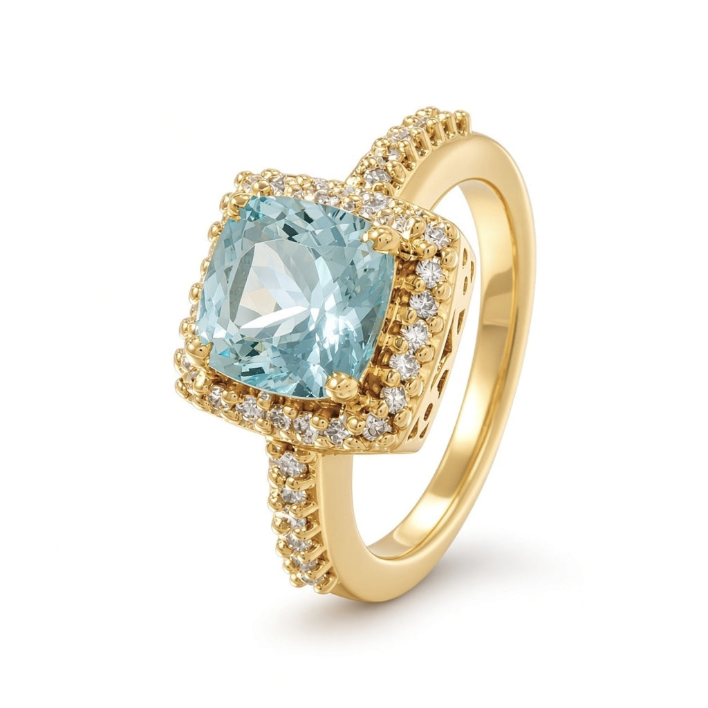 Anillo de aguamarina con halo y diamantes laterales