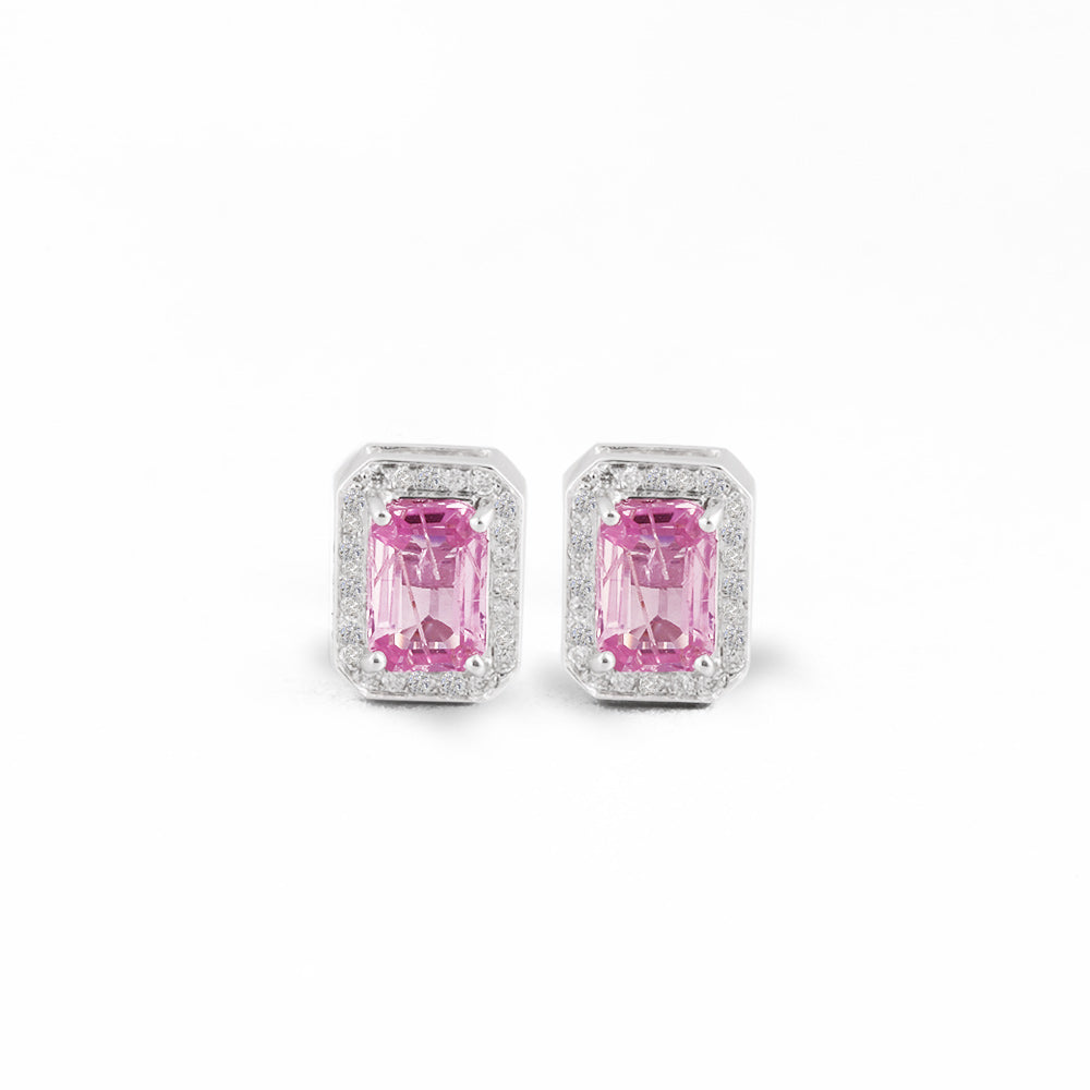 Aretes cortos con zafiro rosa y halo de diamantes