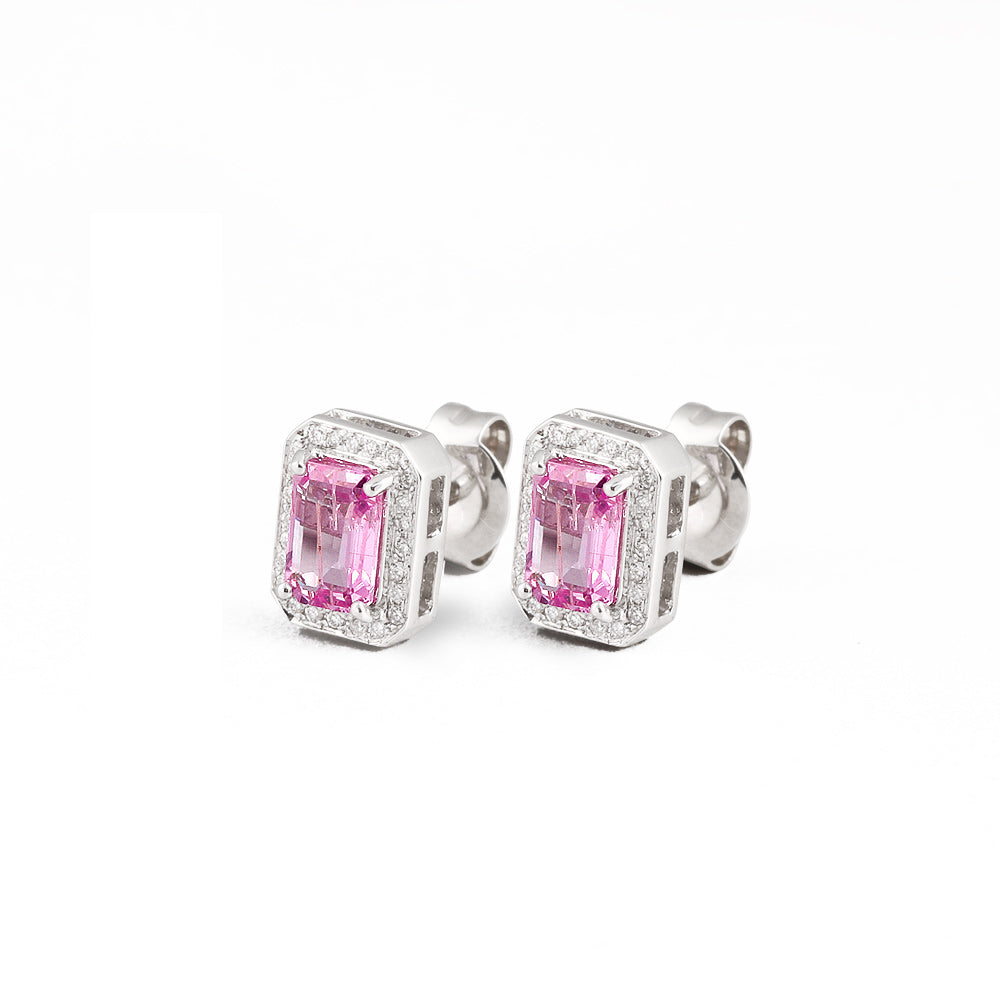 Aretes cortos con zafiro rosa y halo de diamantes