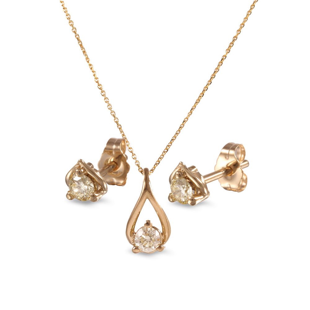 Juego de gargantilla y aretes diseño de gota con diamantes en oro amarillo