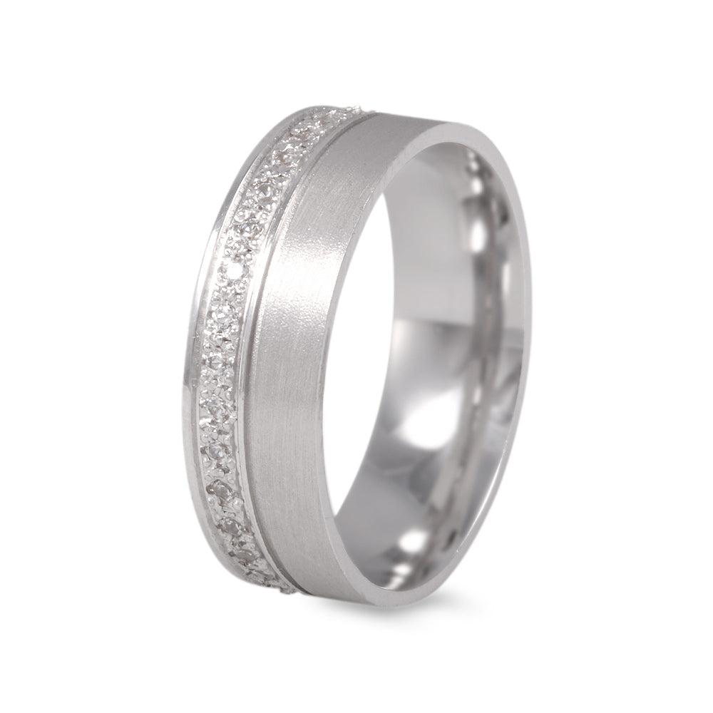 Argolla de matrimonio diseño eternidad con circonia en oro blanco