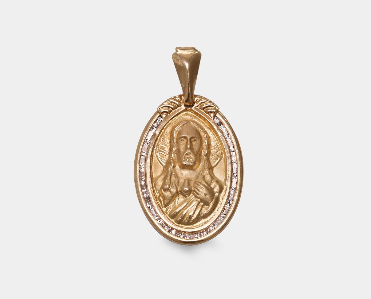 Medalla Oval Sagrado Corazón de Jesús oro amarillo de 10 k con zirconia