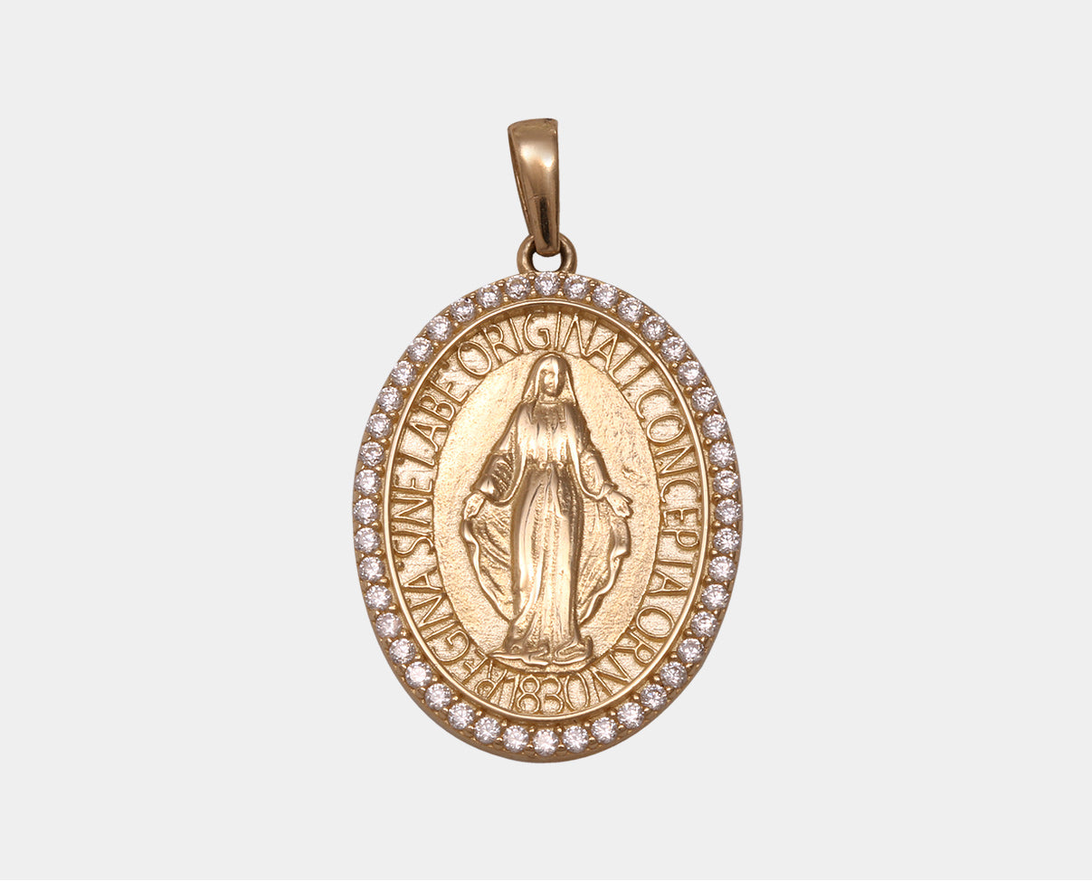 Medalla oval Virgen Milagrosa oro amarillo 10k. Joyería Religiosa. Joyería para Primera Comunión. Medallas.